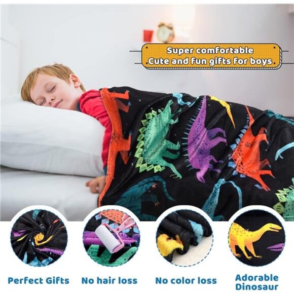 Kids Dinosaur Blanket for Boys Girls Room Decor Personalized Cute Toddler Throw - Picture 5 of 7